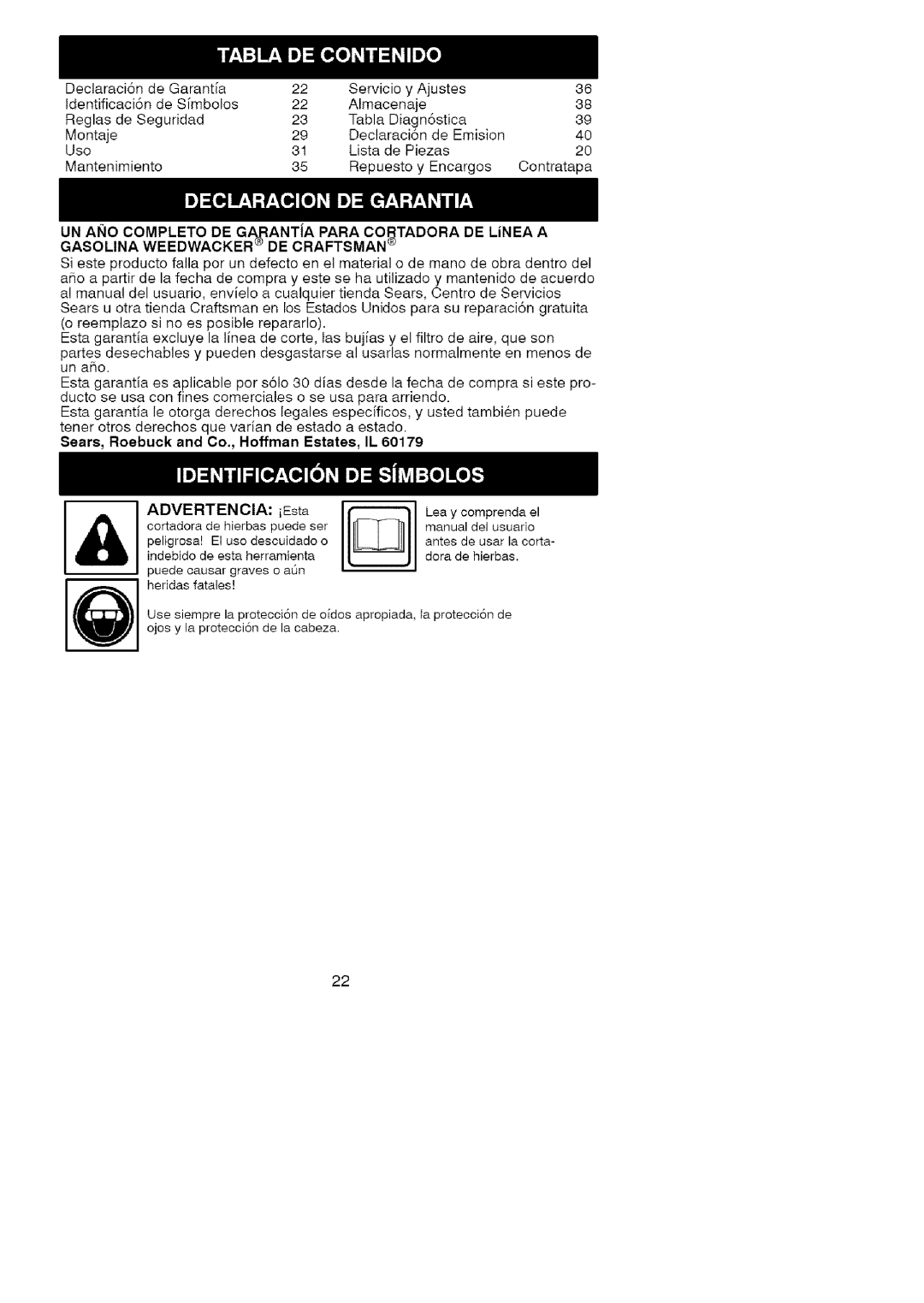 Craftsman 358.79107 manual ADVERTENCIA: iEsta D indebido de esta herramienta, Sears, Roebuck and Co., Hoffman Estates, IL 