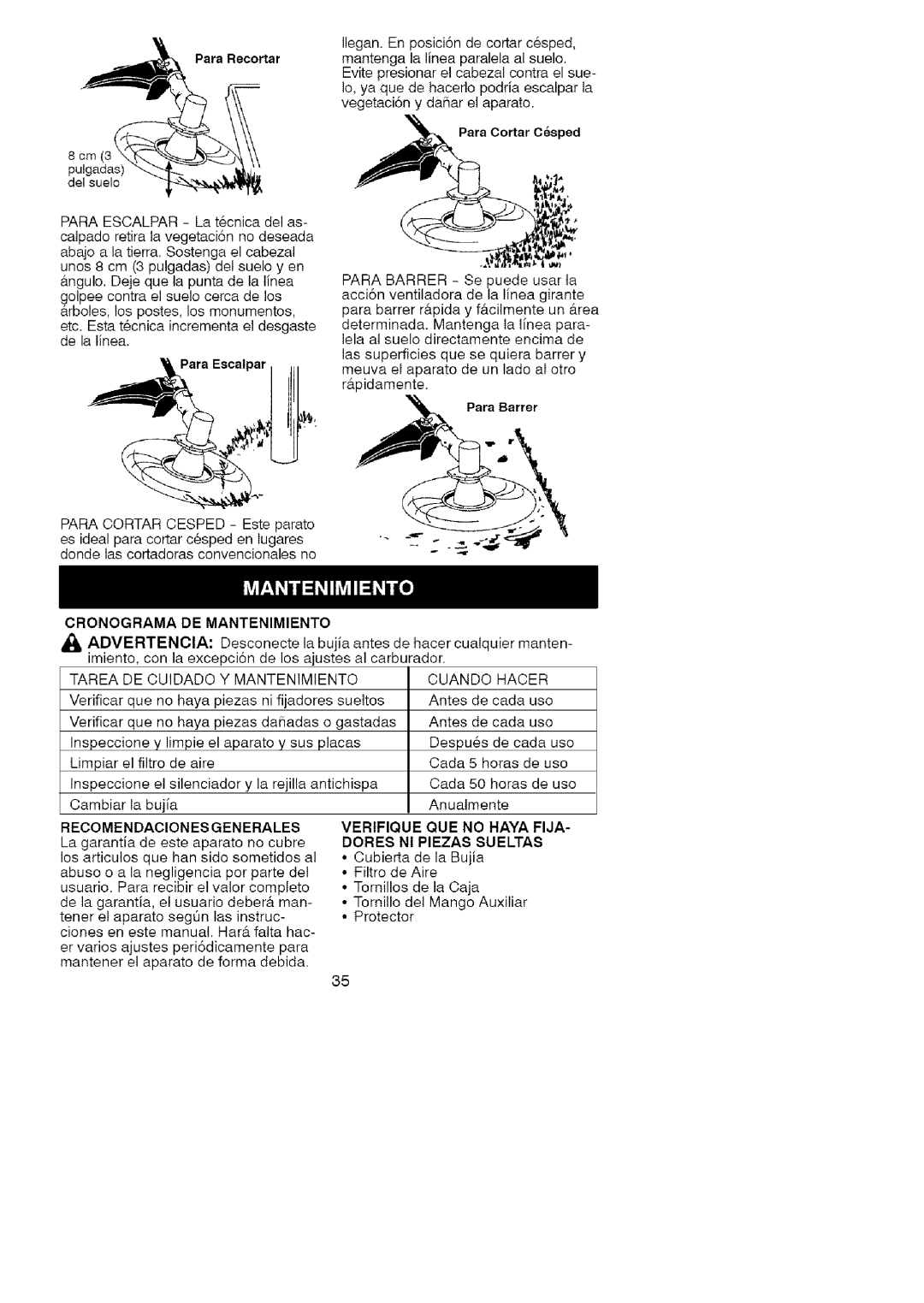 Craftsman 358.79107 manual Cronograma De Mantenimiento, Recomendaciones Generales, Verifique Que No Haya Fija 