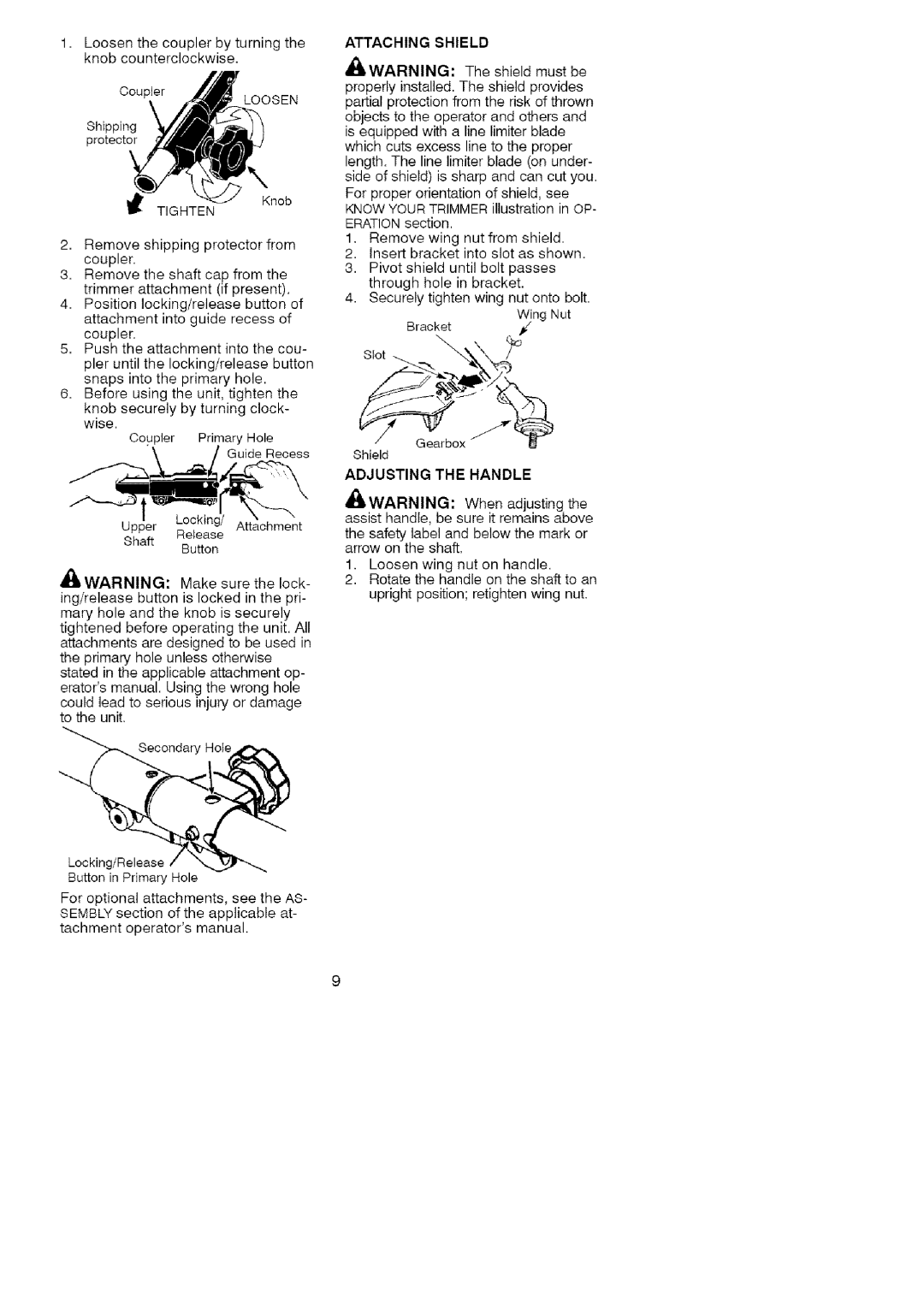 Craftsman 358.79107 manual Attaching Shield, Adjusting The Handle 