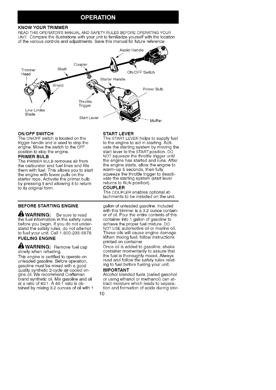 Craftsman 358.791071 operating instructions Knowyour Trimmer, Start Lever, Coupler, Before Starting Engine, Remove fuel cap 