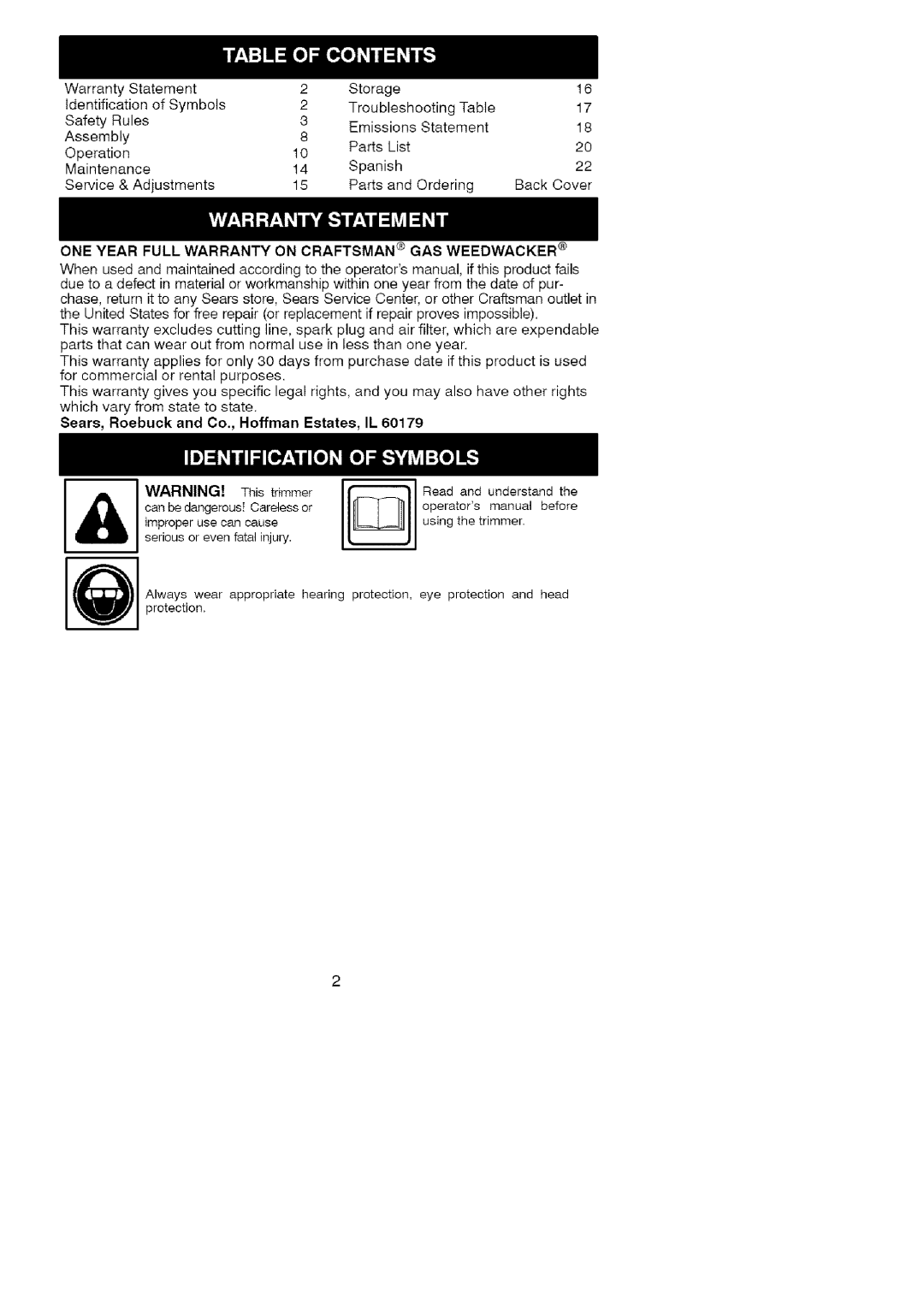 Craftsman 358.791071 ONE Year Full Warranty on Craftsman GAS Weedwacker, Sears, Roebuck and Co., Hoffman Estates, IL 