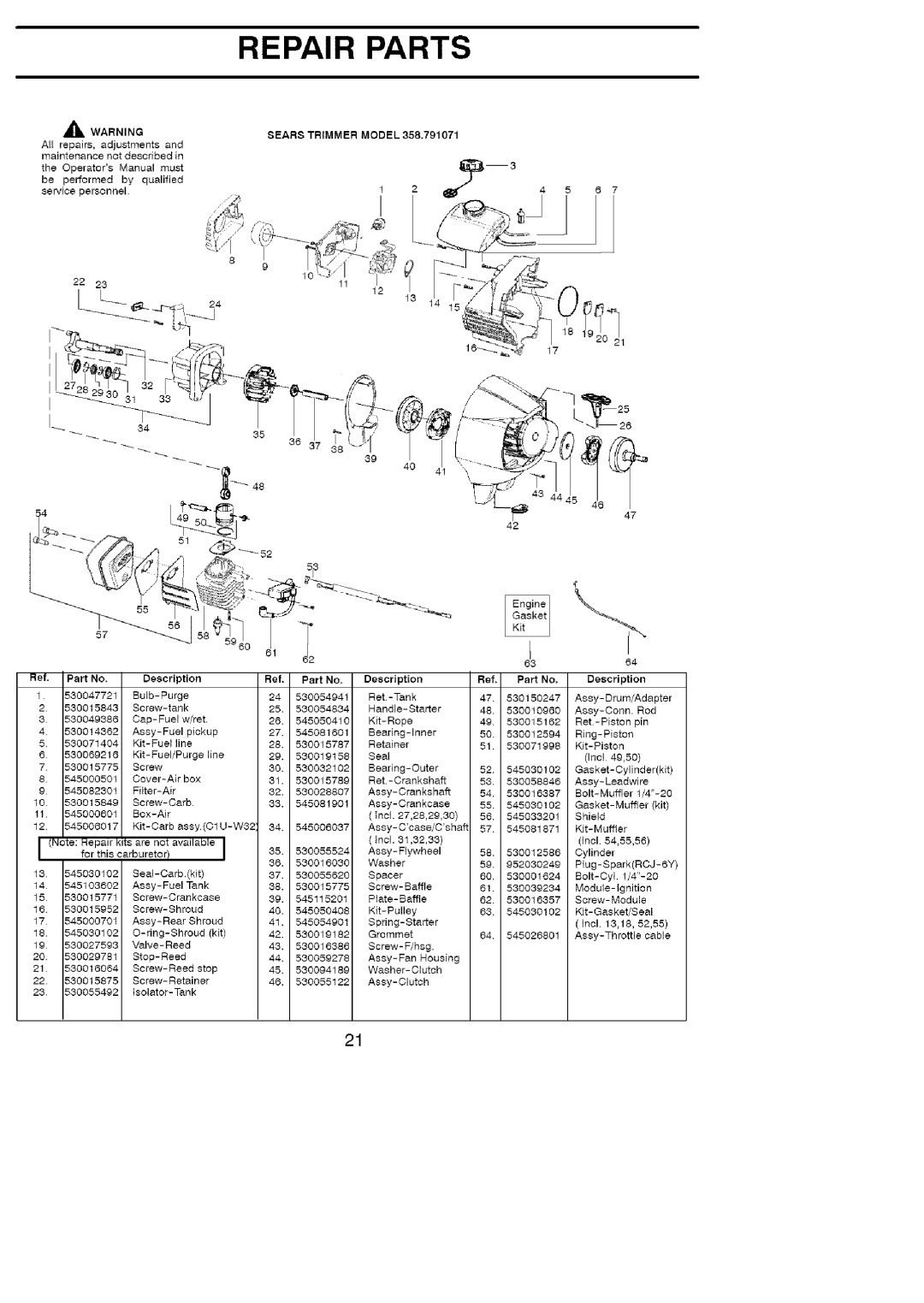 Craftsman 358.791071 Repair Parts, Sears Trimmer Model, 530015849, 530015771, 550016064, 550015875, isolator-Tank 
