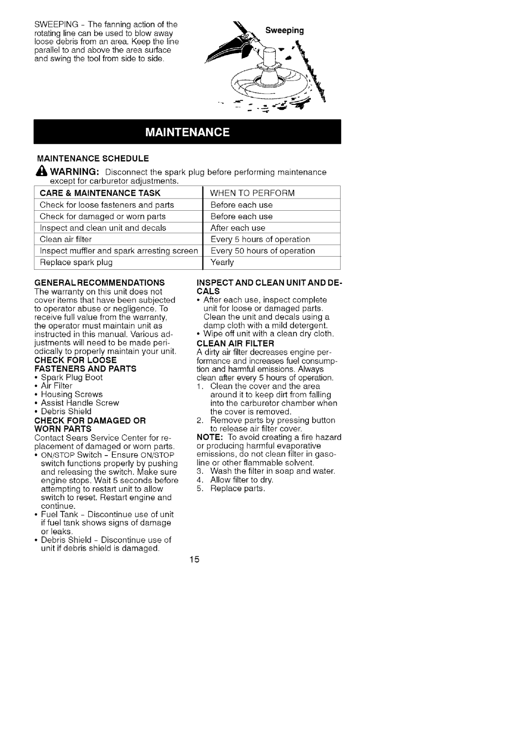 Craftsman 358.791072 manual Sweeping, Maintenance Schedule Care & Maintenance Task, General Recommen Dations 