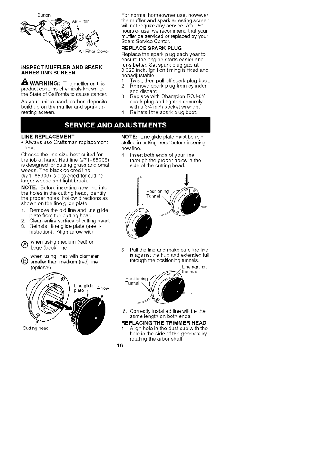 Craftsman 358.791072 manual Inspect Muffler and Spark Arresting Screen, Iwarning, Line Replacement, Replace Spark Plug 