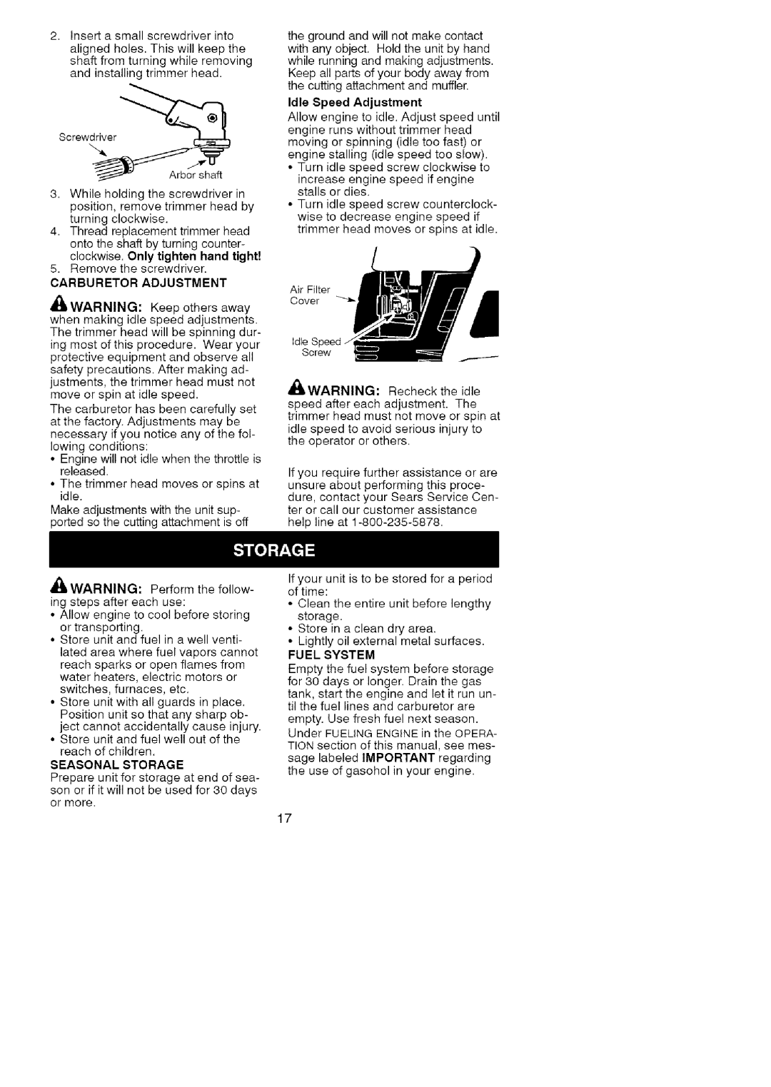 Craftsman 358.791072 manual Serew er, Carburetor Adjustment, Seasonal Storage, Idle Speed Adjustment, Fuel System 