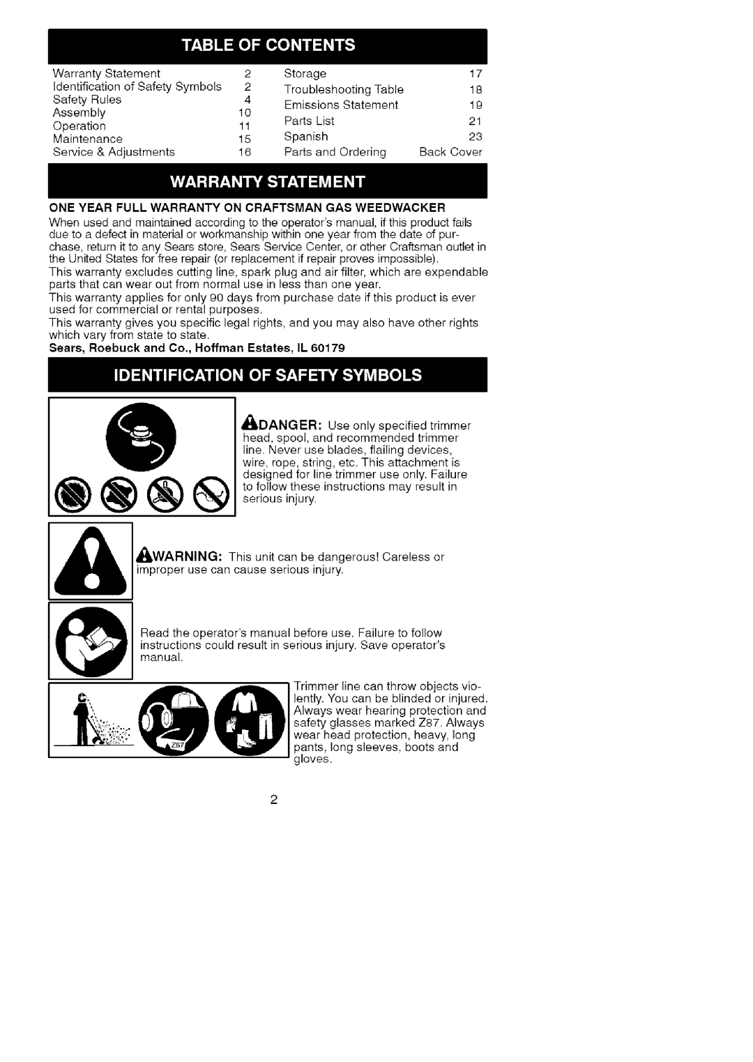 Craftsman 358.791072 manual ONE Year Full Warranty on Craftsman GAS Weedwacker, Sears, Roebuck and Co., Hoffman Estates, IL 