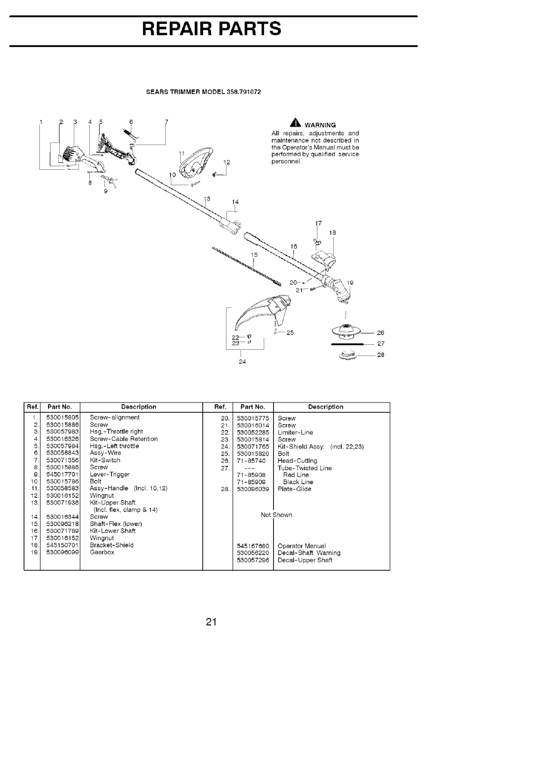 Craftsman 358.791072 manual Repair Parts 