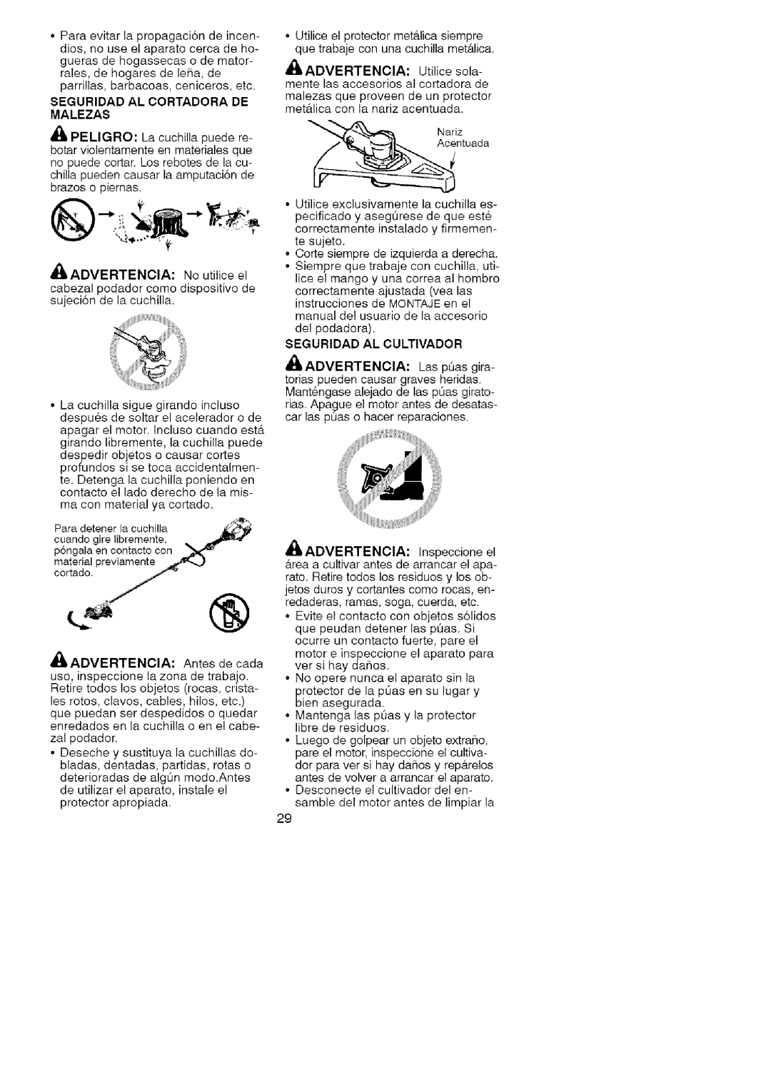 Craftsman 358.791072 manual Seguridad AL Cortadora DE Malezas, Seguridad AL Cultivador 