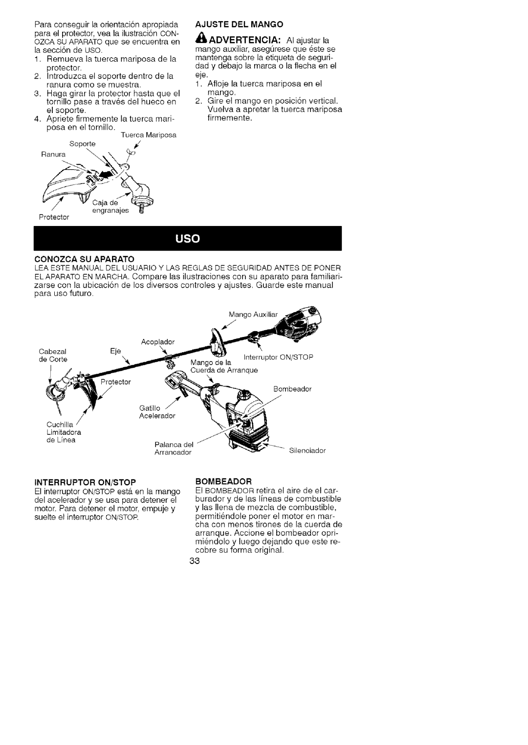 Craftsman 358.791072 manual Lasecci6ndeUSO, Protector, Ranuracomosemuestra, DEL Mango, Bombeador 