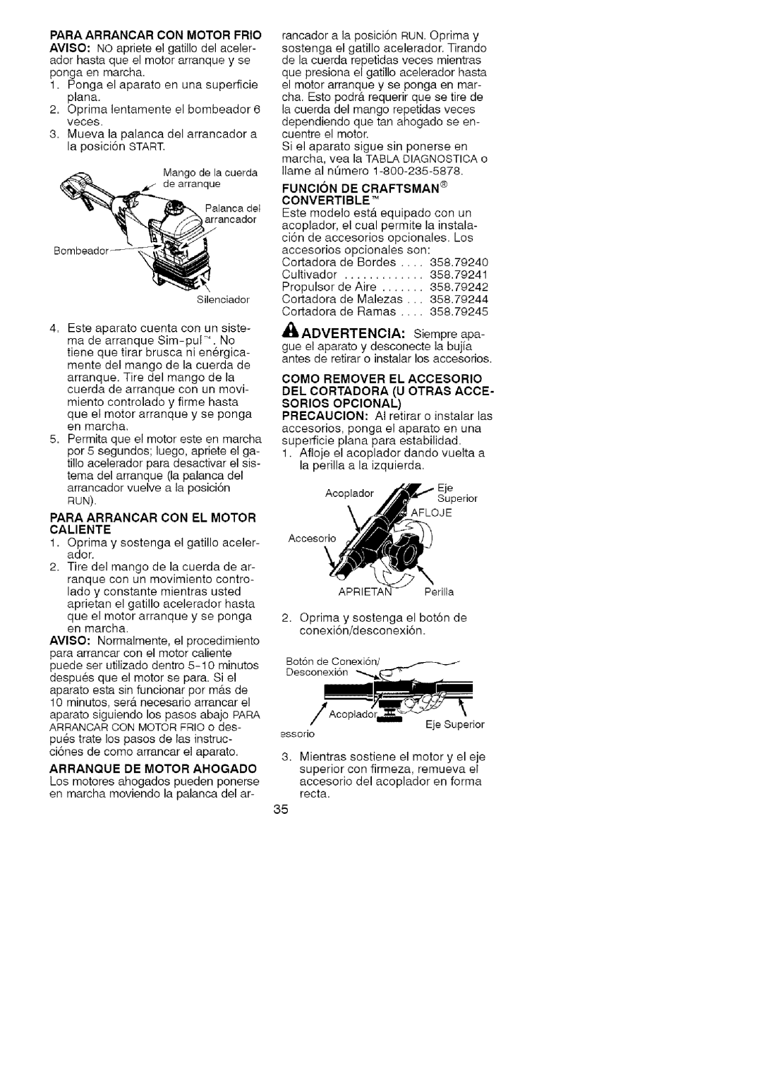 Craftsman 358.791072 manual Para Arrancar Con Motor Frio, Funcion De Craftsman Convertible 