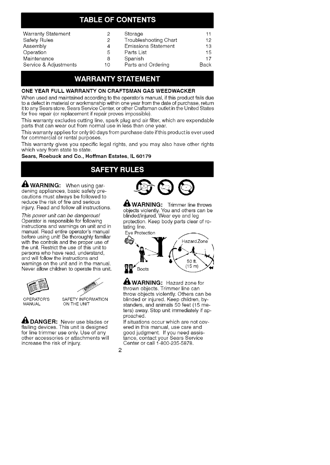 Craftsman 358.79182 ONE Year Full Warranty on Craftsman GAS Weedwacker, Sears, Roebuck and Co., Hoffman, Estates, IL 