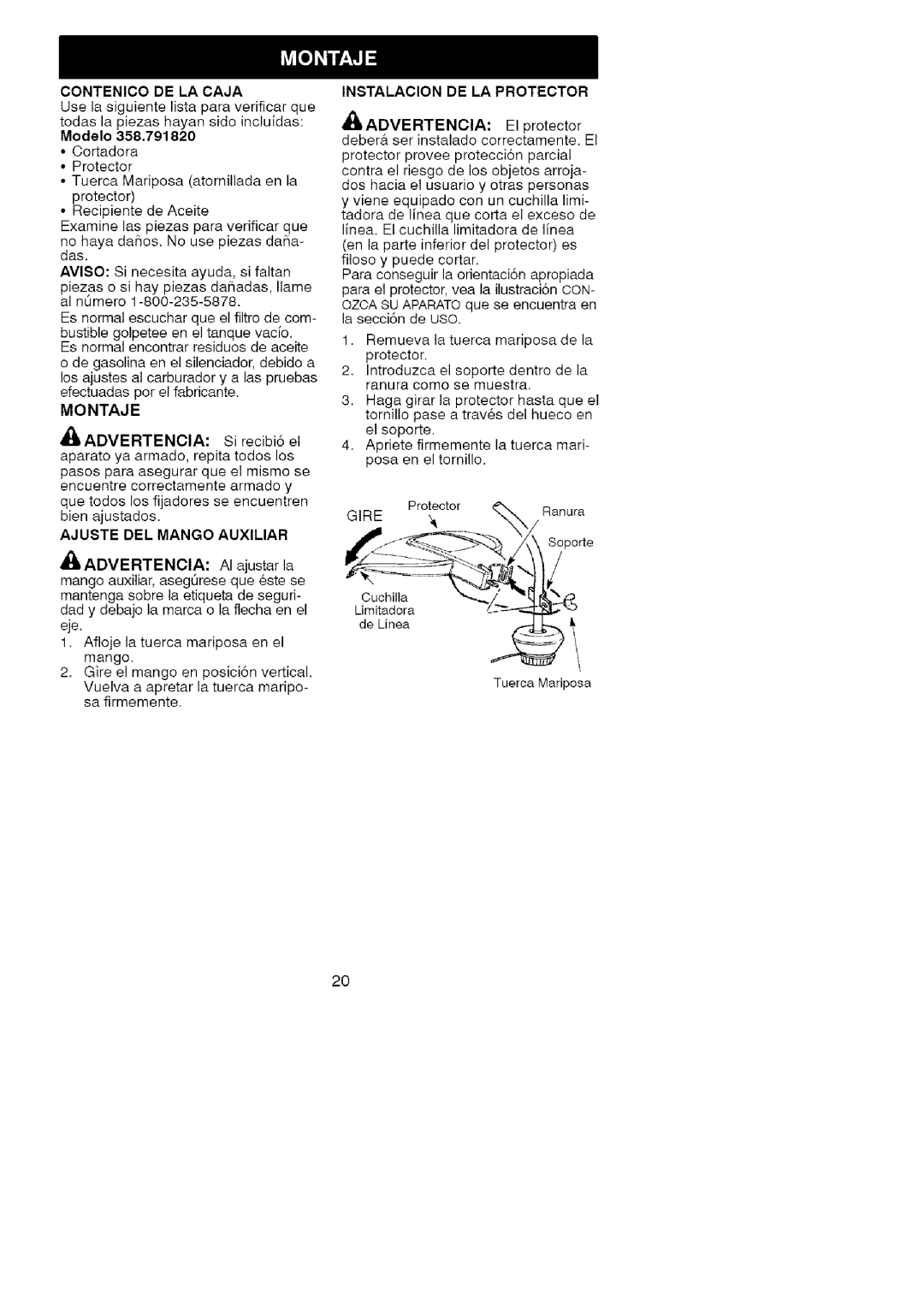 Craftsman 358.79182 operating instructions Modelo, Montaje, Ajuste DEL Mango Auxiliar 