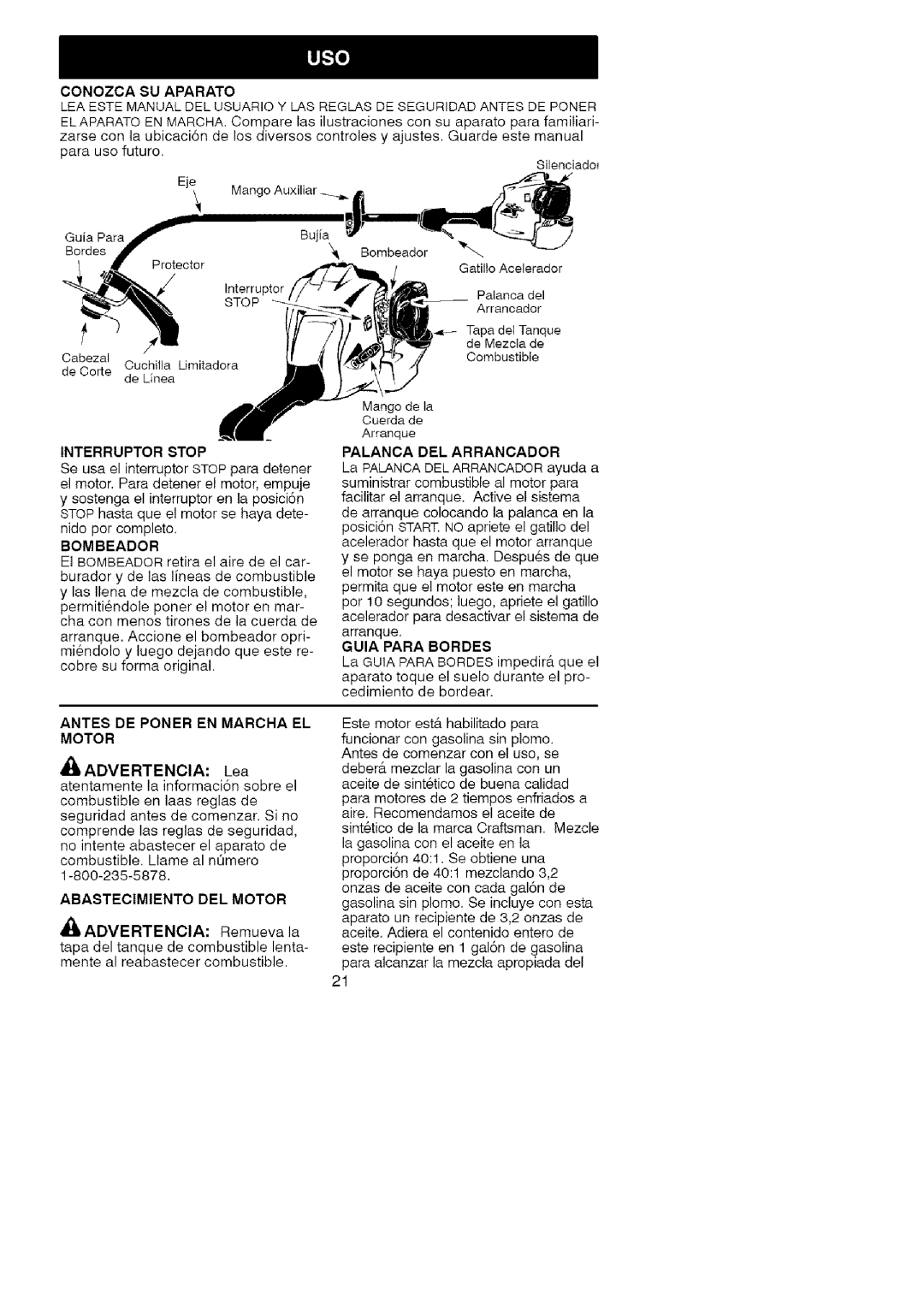 Craftsman 358.79182 Stop Palanca DEL Arrancador, Bombeador, Guia Para Bordes, Antes DE Poner EN Marcha EL Motor 