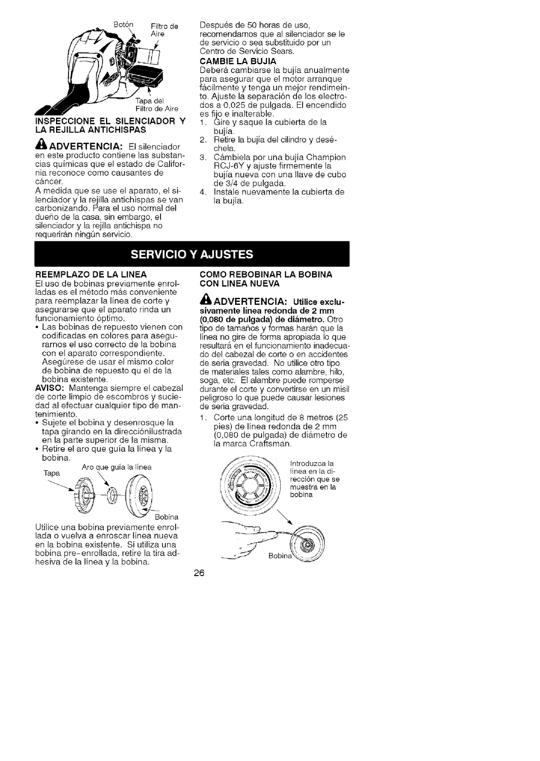 Craftsman 358.79182 Bot6n Filtrode Aire Tapade1 FiltrodeAire, LA Rejilla Antichispas, Cambie LA Bujia 