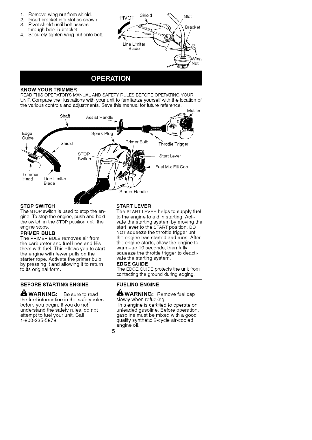 Craftsman 358.79182 operating instructions Removewingnutfromshield Shield, Securelytightenwingnutontobolt 