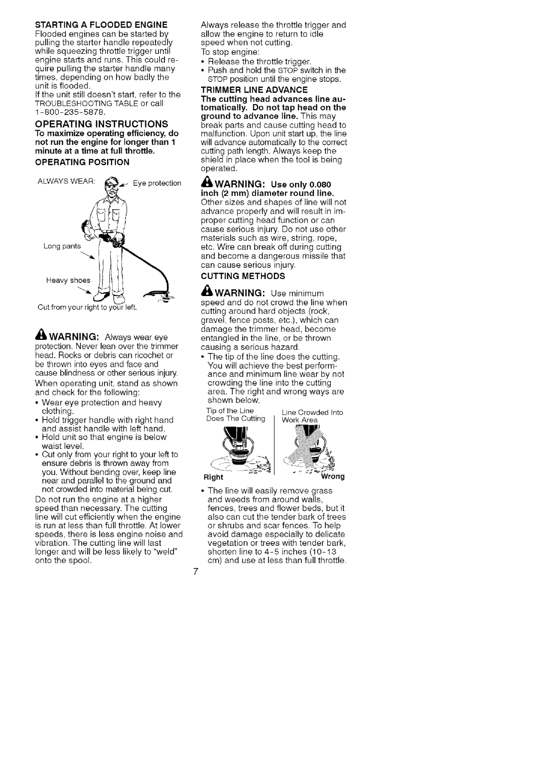 Craftsman 358.79182 Operating Instructions, Operating Position, Always Wear, Trimmer Line Advance, Cutting Methods 