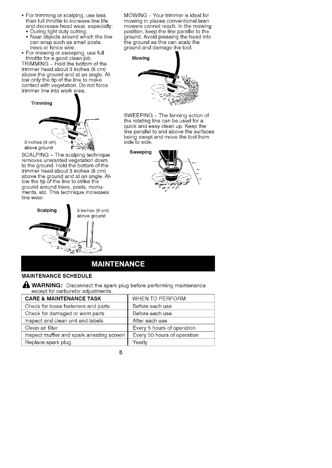 Craftsman 358.79182 operating instructions Trimming, Scalping, Maintenance Schedule 