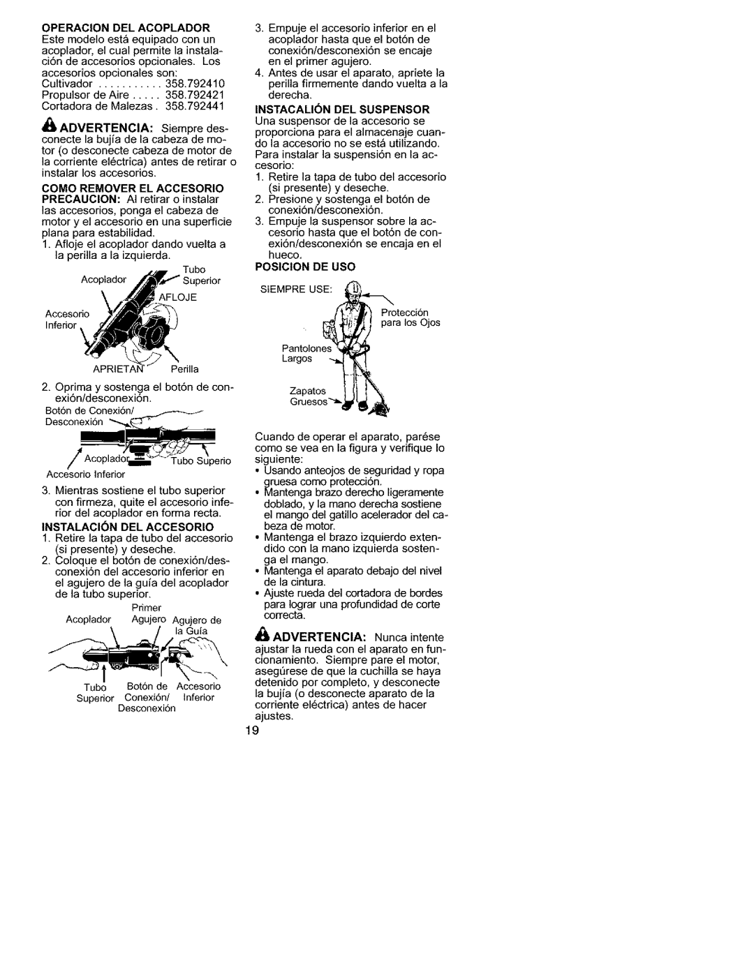 Craftsman 358.792401 instruction manual Como Remover EL Accesorio, Instacalion DEL Suspensor, Posicion DE USO 