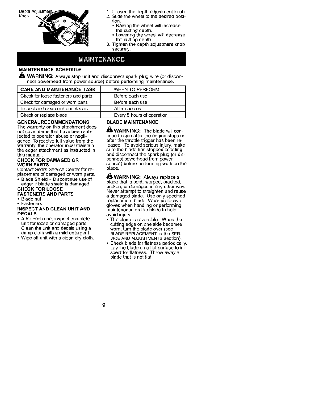 Craftsman 358.792401 Maintenance Schedule Care and Maintenance Task, Eneral Recommendations, Blade Maintenance 