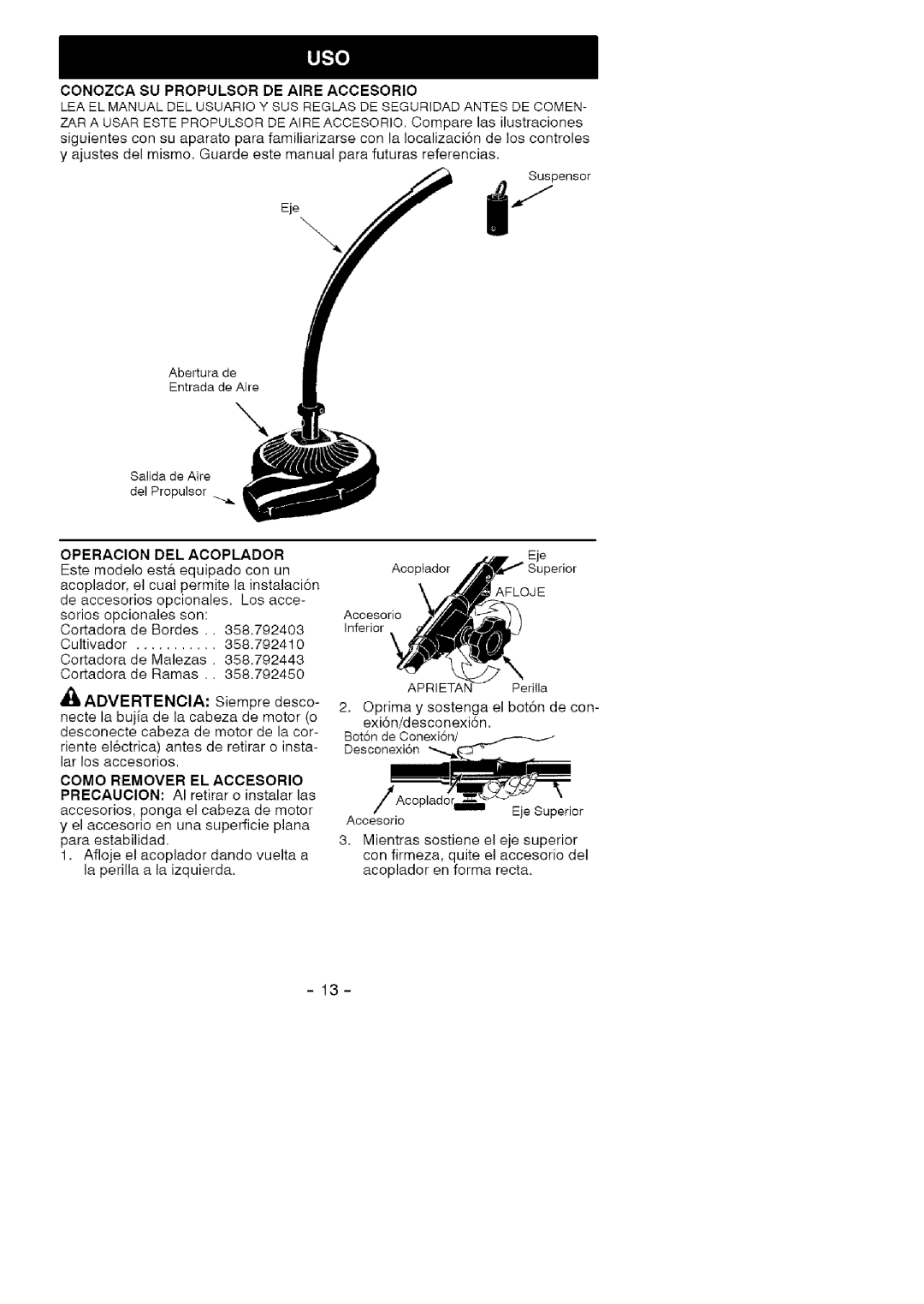 Craftsman 358.792421 manual Conozca SU Propulsor DE Aire Accesorio, Operacion DEL Acoplador, Como Remover EL Accesorio 