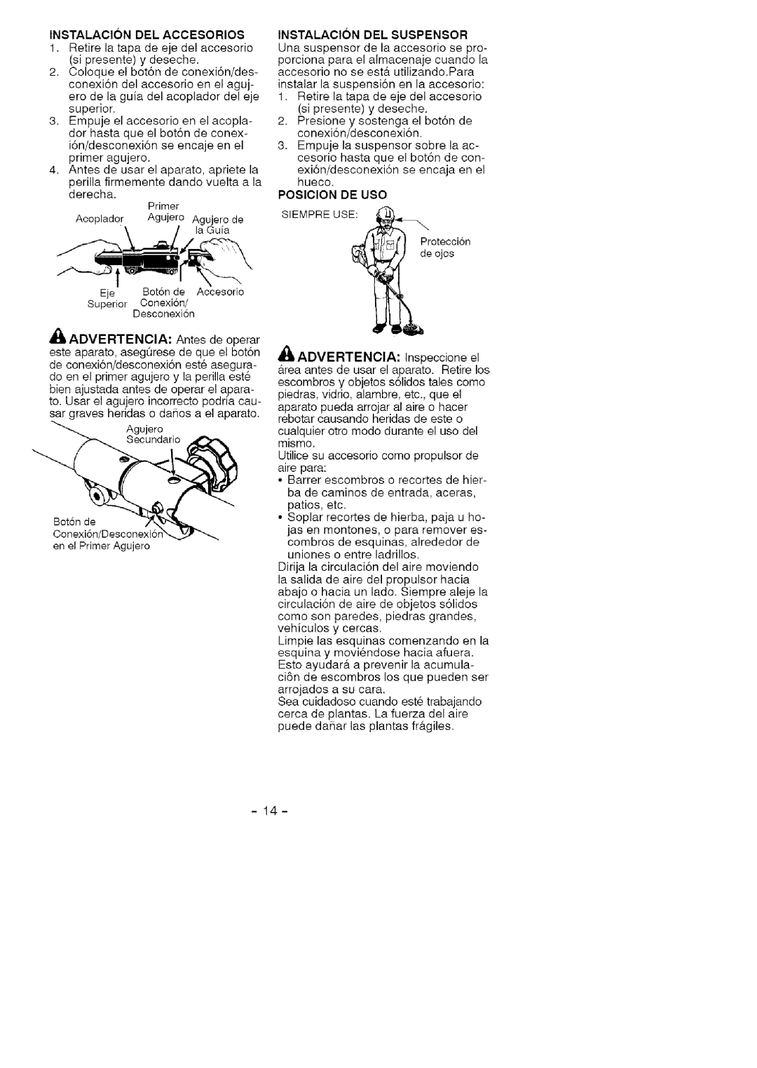 Craftsman 358.792421 manual Posicion DE USO, Advertencia 