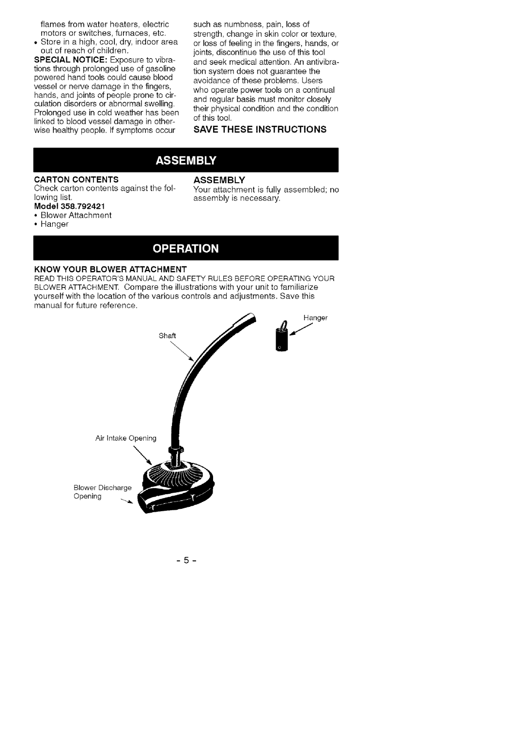 Craftsman 358.792421 manual Carton Contents, Assembly, Know Your Blower Attachment 