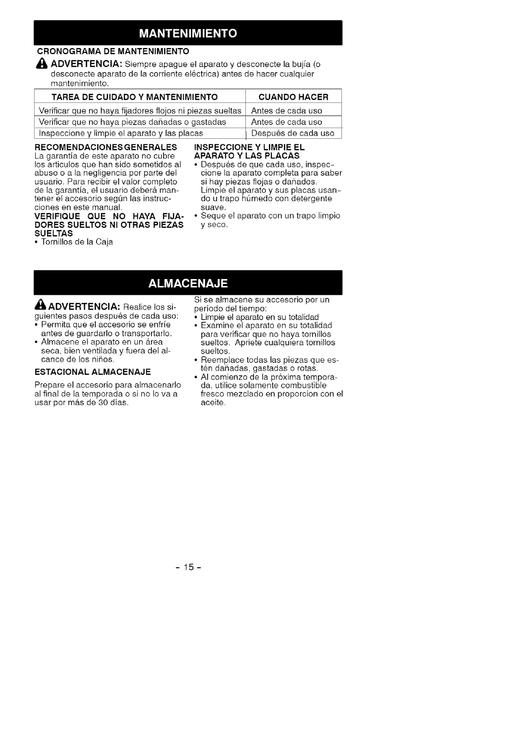Craftsman 358.792421 manual Cronograma De Mantenimiento, Tarea De Cuidado Y Mantenimiento, Hacer 