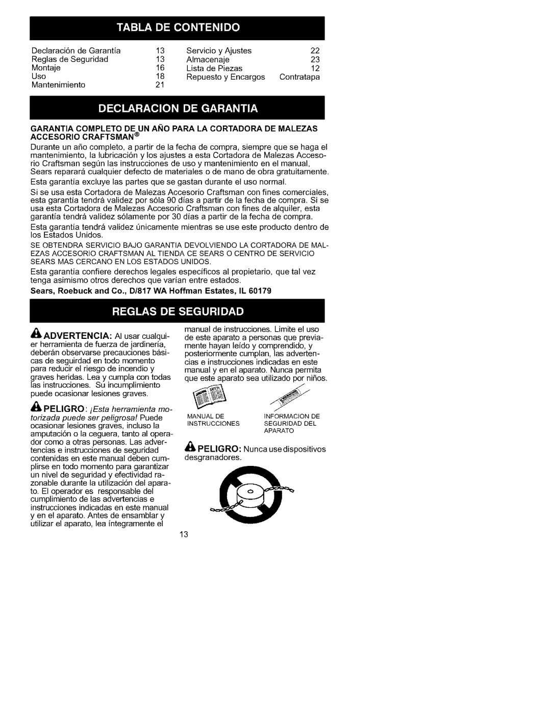 Craftsman 358.792430 instruction manual Mantenimiento, Peligro 