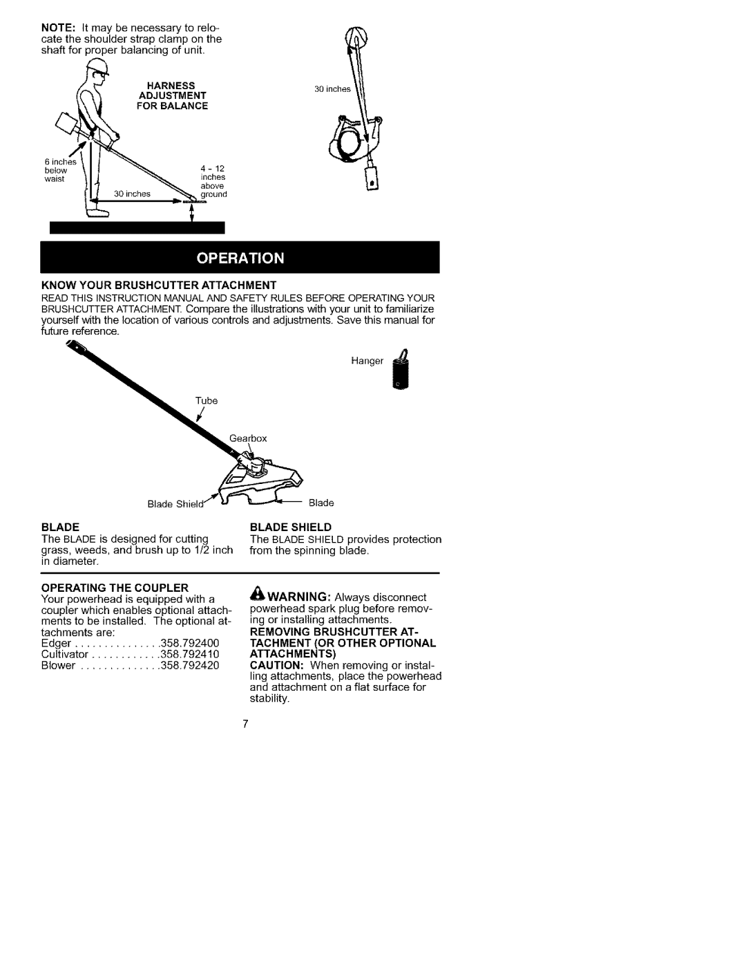 Craftsman 358.792430 Know Your Brushcutter Attachment, Operating the Coupler, Blade Shield, Attachments 