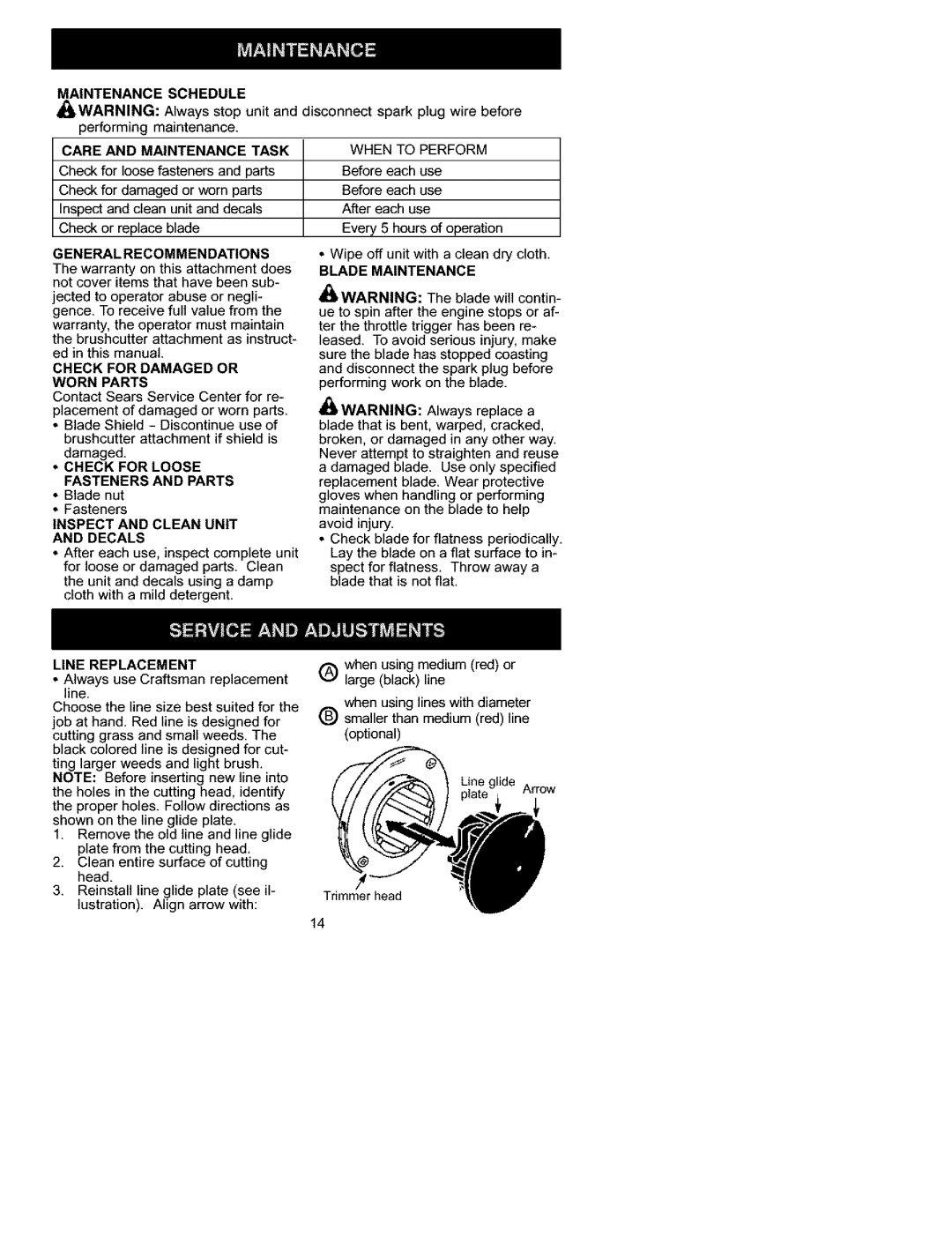 Craftsman 358.792440 Maintenance Schedule, Care and Maintenance Task, General Recommendations, Blade Maintenance, Decals 