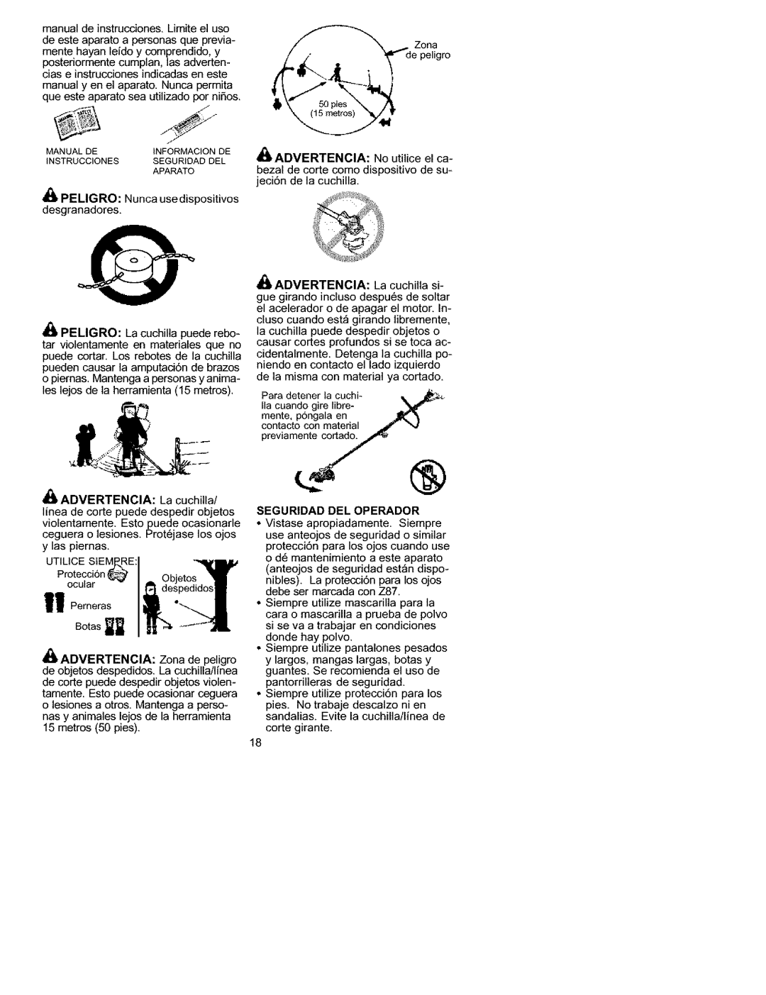 Craftsman 358.792440 Dadvertencia, Advertencia, Utilice Siem, ADVERTENClA Zona de peligro, Seguridad DEL Operador 