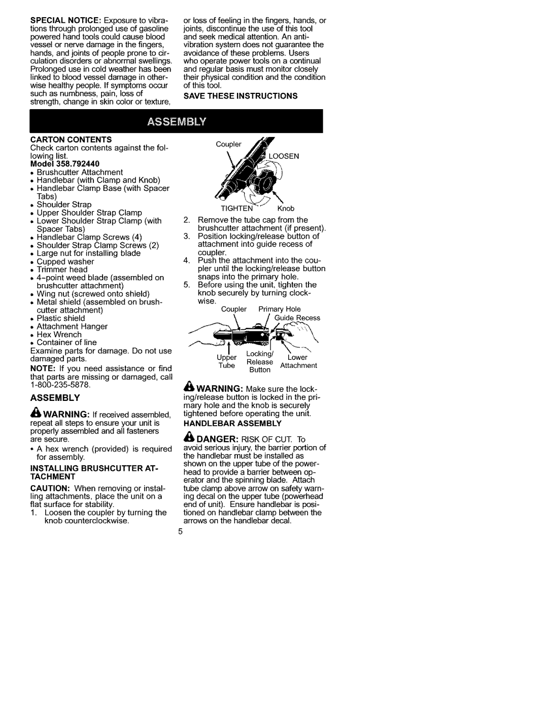 Craftsman 358.792440 instruction manual Carton Contents, Installing Brushcutter AT- Tachment, Handlebar Assembly 