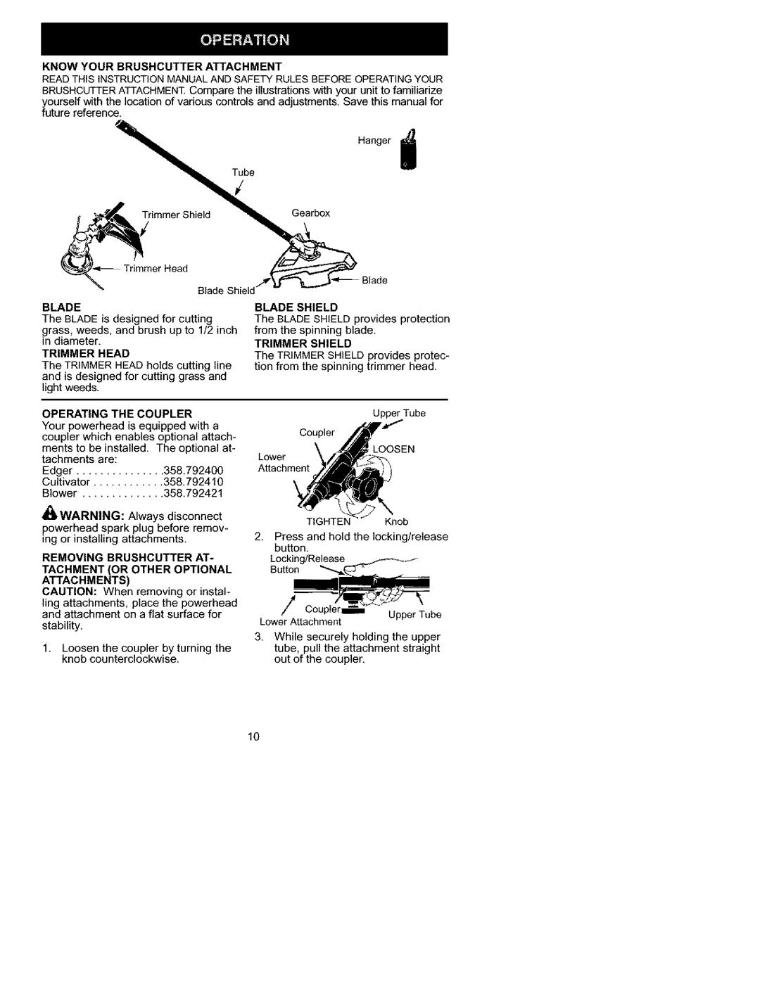 Craftsman 358.792440 instruction manual Blade Shield 