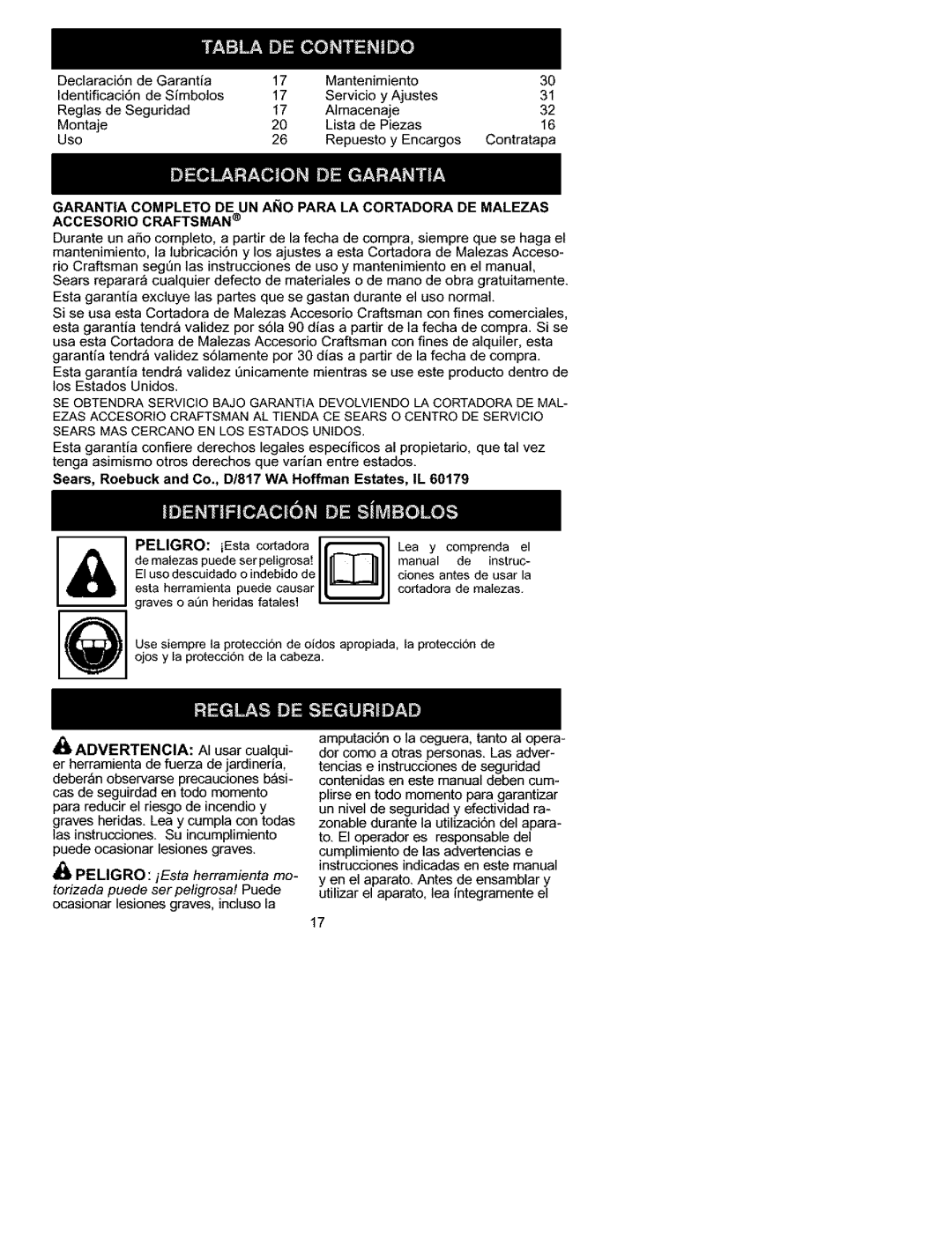 Craftsman 358.792440 instruction manual PELIGRO i Esta herramienta mo, Declaraci6n 