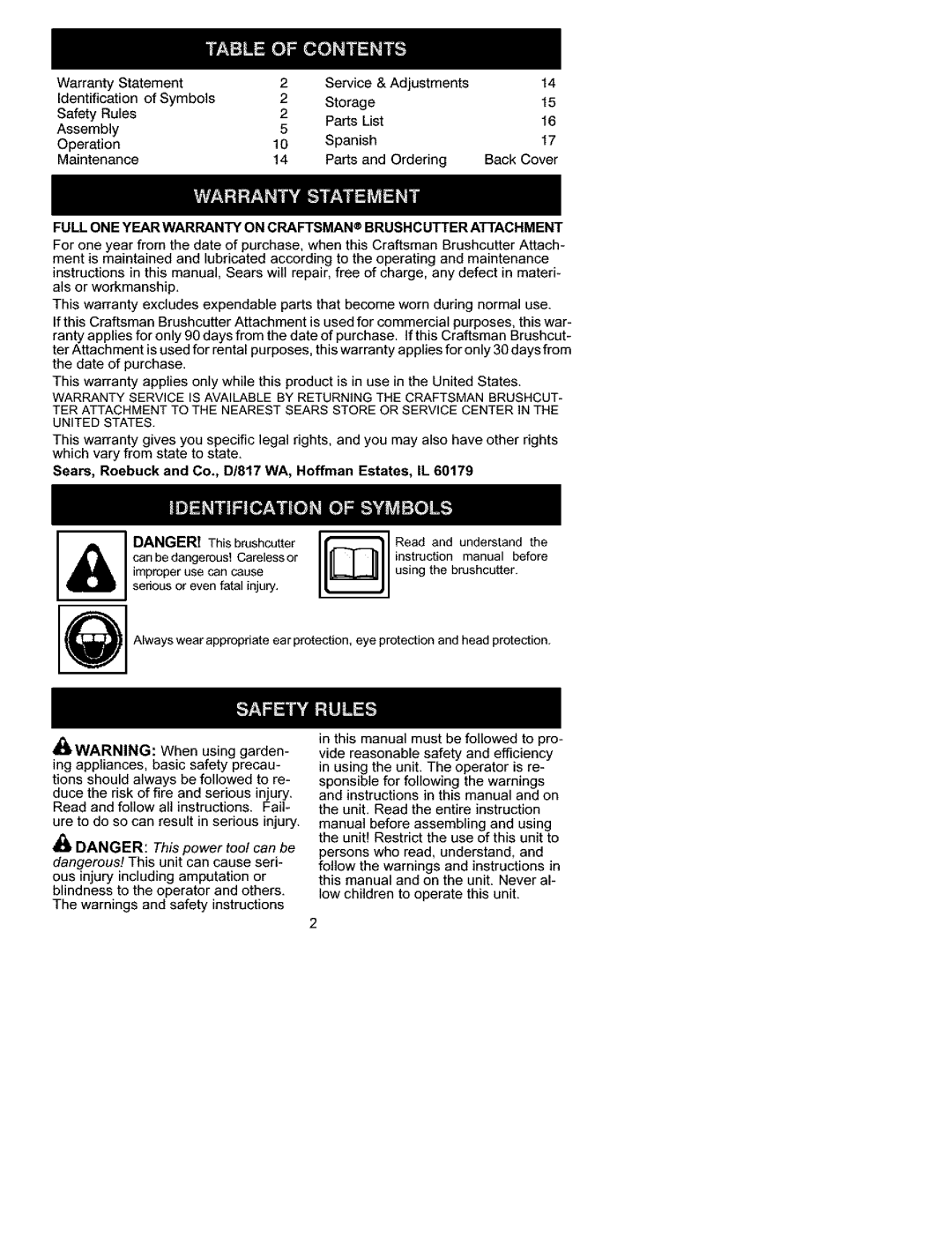Craftsman 358.792440 instruction manual DANGER This power tool can be, Warranty Statement 