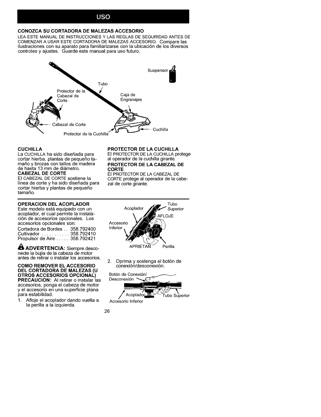 Craftsman 358.792440 instruction manual Conozca Su Cortadora De Malezas Accesorio 