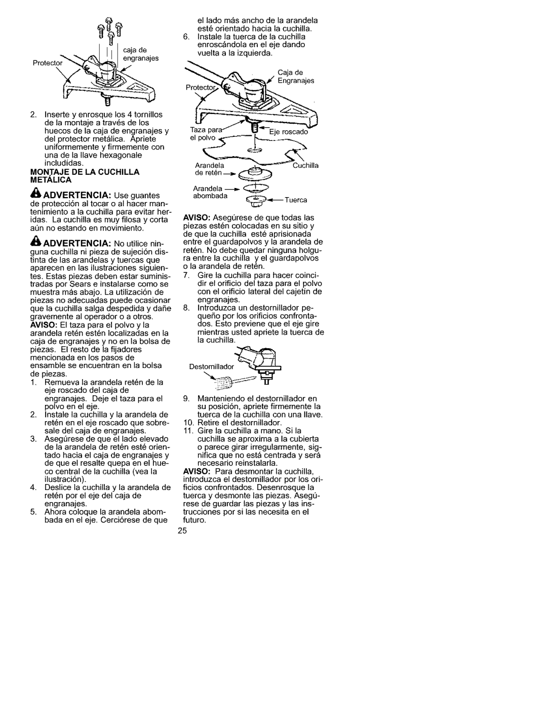 Craftsman 358.792441 manual MON.TAJE DE LA Cuchilla Metamca 