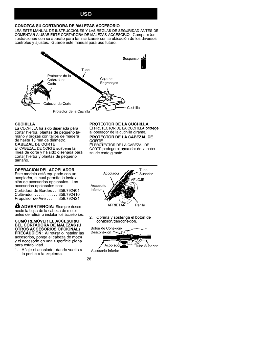 Craftsman 358.792441 manual Conozca SU Cortadora DE Malezas Accesorio, OPERAClON DEL Acoplador, Protector DE LA Cuchilla 