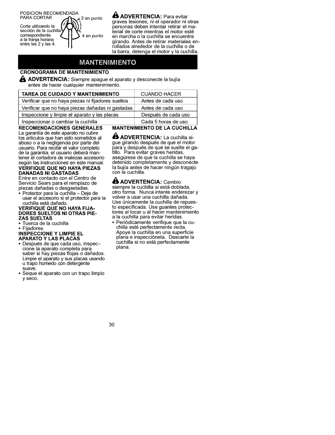 Craftsman 358.792441 manual Cronograma DE Mantenimiento, Tarea DE Cuidado Y Mantenimiento, Mantenimiento DE LA Cuchilla 