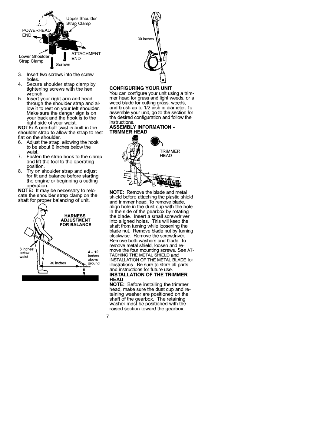 Craftsman 358.792441 manual Configuring Your Unit, Assembly Information Trimmer Head, Installation of the Trimmer 