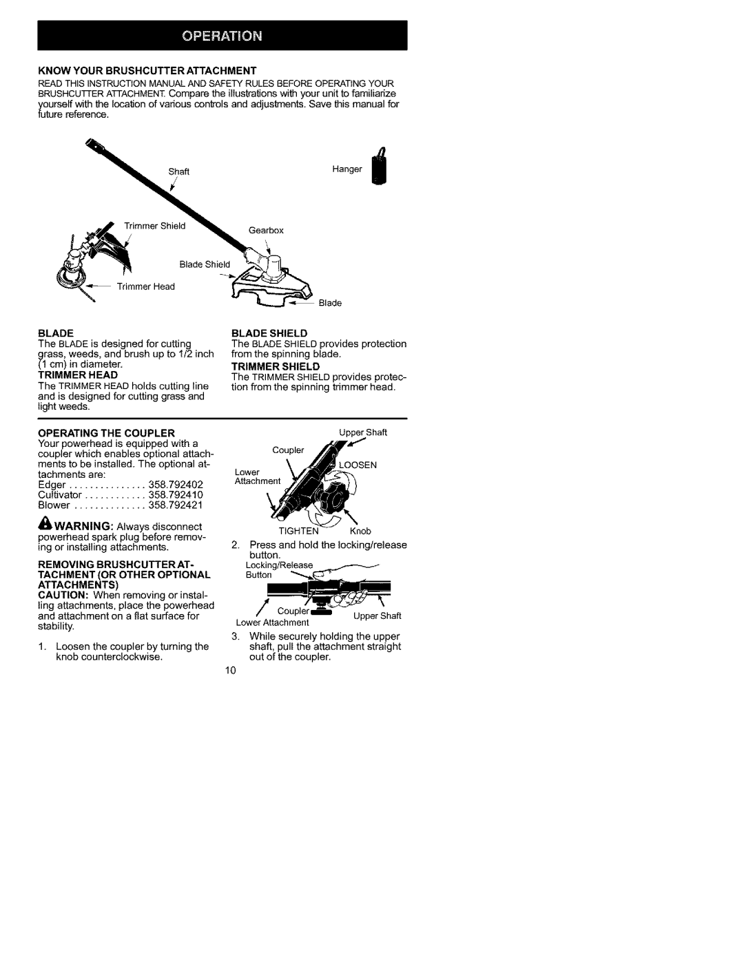 Craftsman 358.792442 instruction manual Know Your Brushcutter Attachment, 358.792402, 358.792421, Blade Shield 