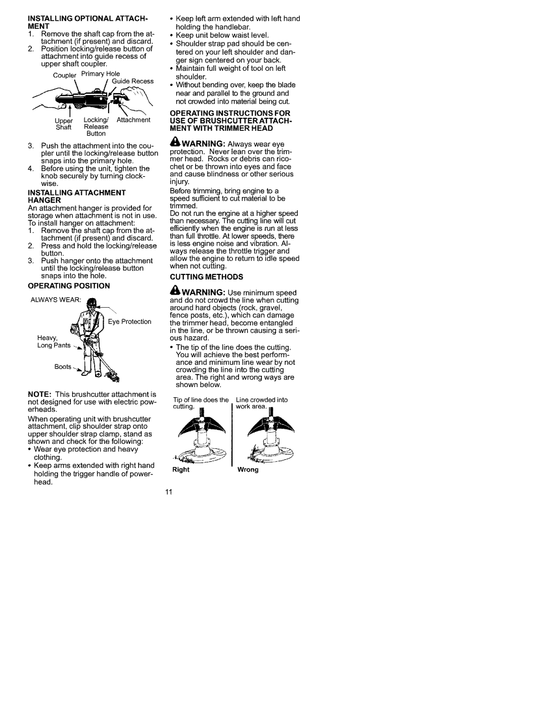 Craftsman 358.792442 Installing Optional ATTACH- Ment, Installing Attachment Hanger, Operating Position Always Wear 