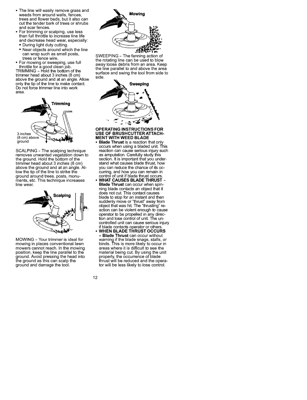 Craftsman 358.792442 instruction manual Trimming, Scalping, Wing, Sweeping 