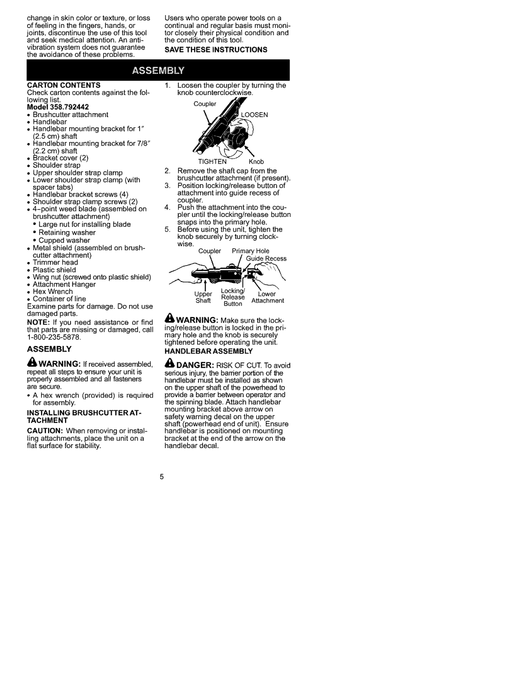 Craftsman 358.792442 Offeelingthefingers,hands,or, Installing Brushcutter AT Tachment, Handlebar Assembly 