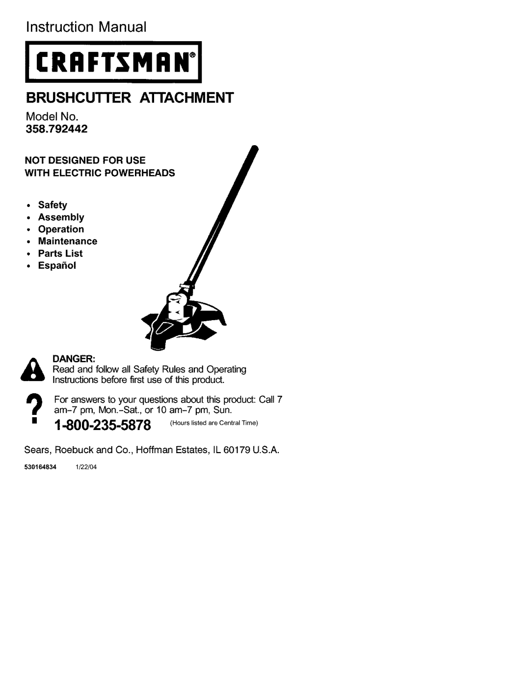 Craftsman 358.792442 instruction manual Brushcutter Attachment, Model No, Not Designed For Use With Electric Powerheads 