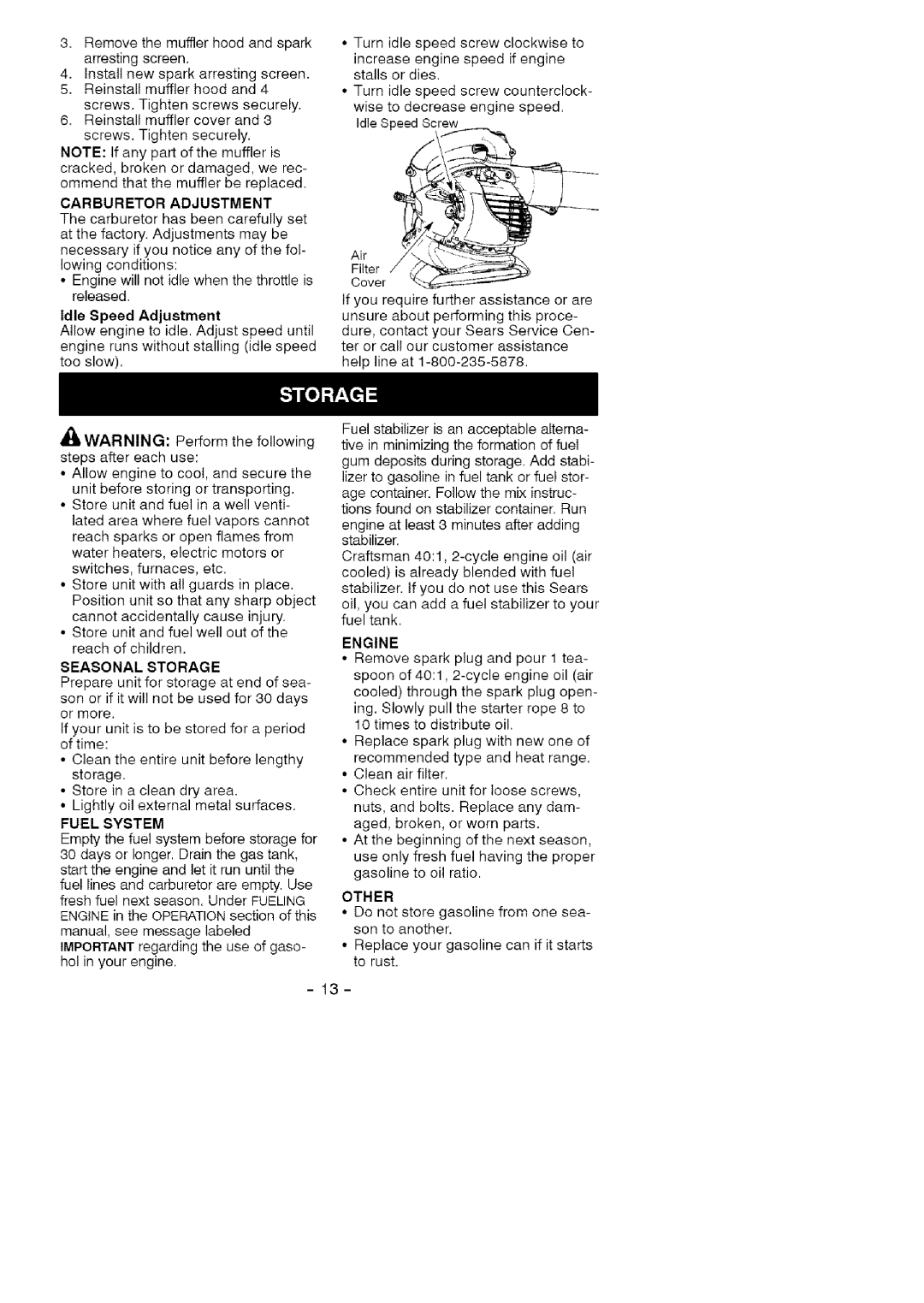 Craftsman 358.79474 manual Carburetor Adjustment, Seasonal Storage, Fuel System, Engine, Other 