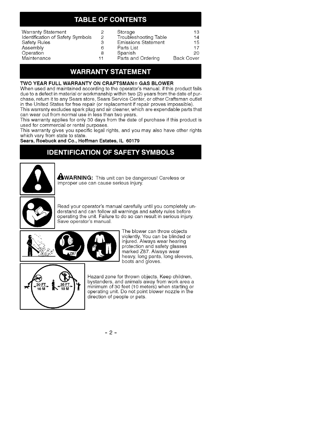 Craftsman 358.79474 TWO Year Full Warranty on CRAFTSMAN@ GAS Blower, Sears, Roebuck and Co., Hoffman Estates, IL, Iwarning 