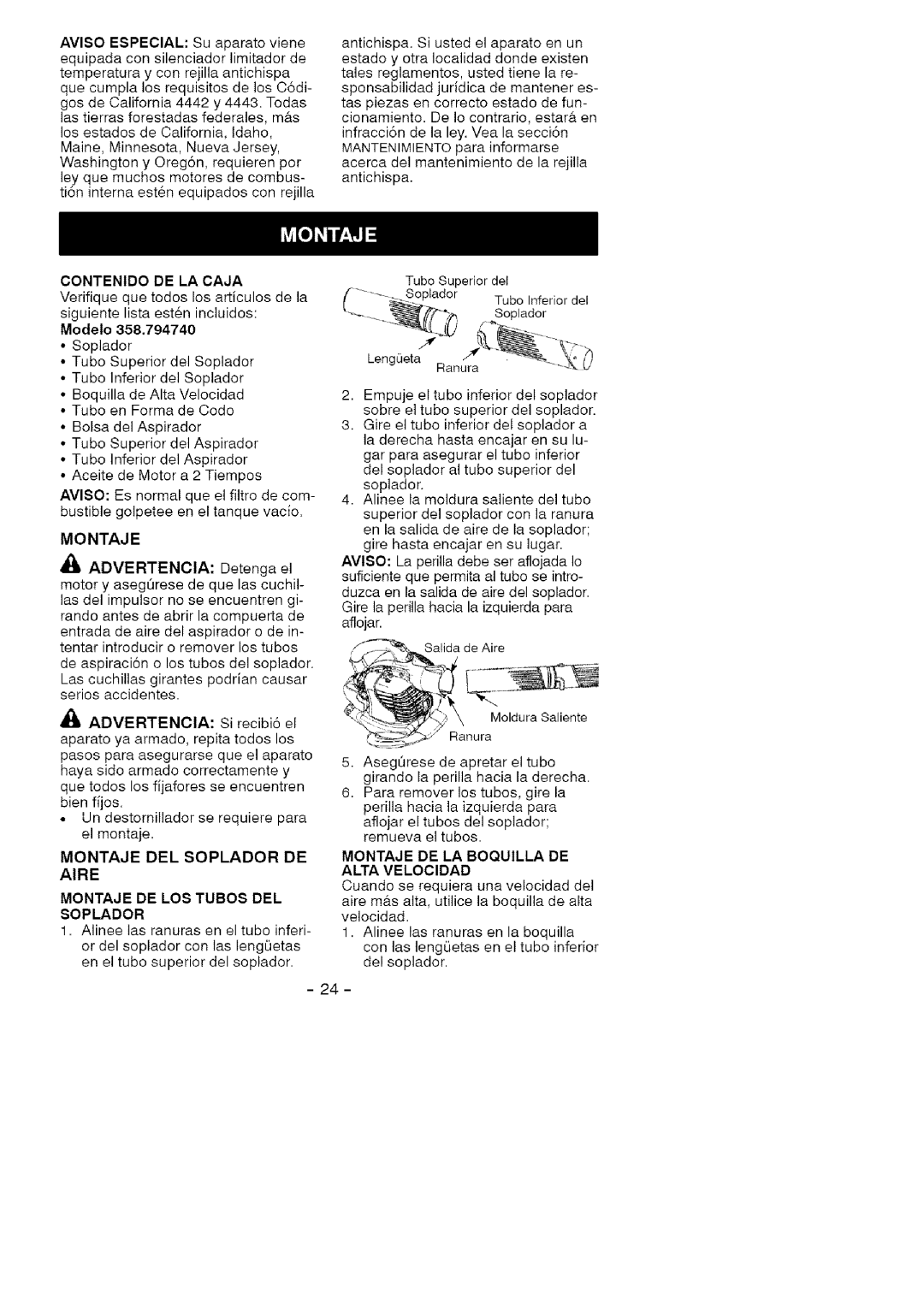 Craftsman 358.79474 manual Contenido DE LA Caja, Modelo, Montaje DE LA Boquilla DE Alta Velocidad 