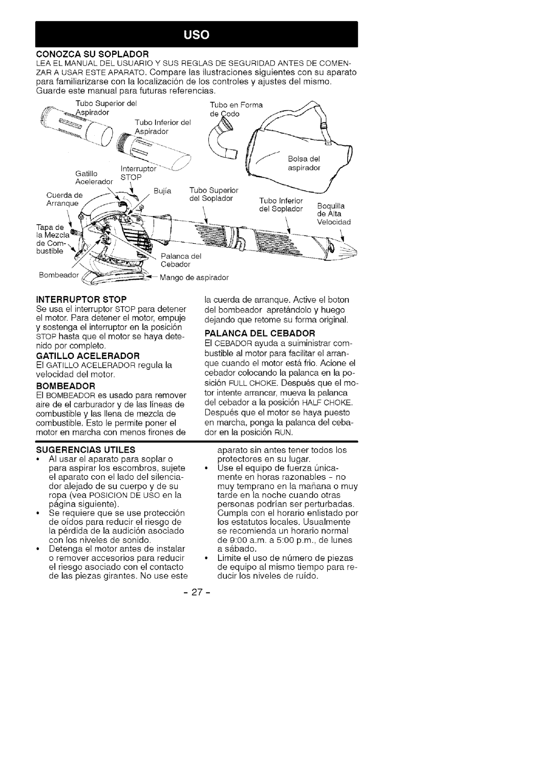 Craftsman 358.79474 manual Sugerencias Utiles, Palanca DEL Cebador 