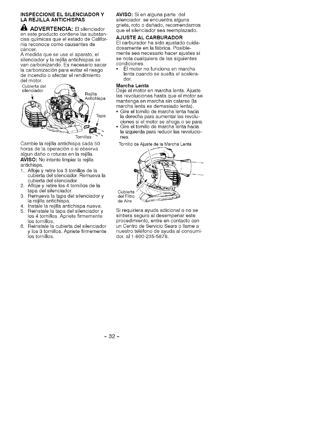 Craftsman 358.79474 manual Ajuste AL Carburador, Mareha Lenta 